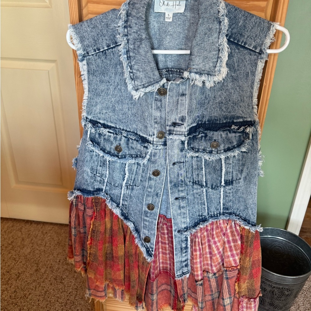 Oli & Hali Denim Vest with Plaid Fringe